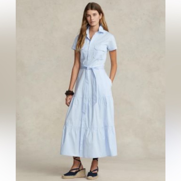 Ralph Lauren Blue Peasant Shirt Midi Dress NWOT and belt included sz 0 $325 - Picture 1 of 7